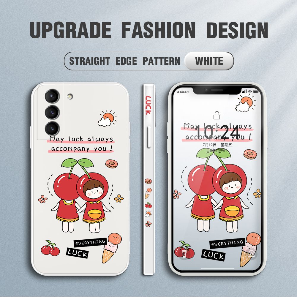 Jizetin for Samsung Galaxy S21 5G Case Fashion Cherry Girl Design Side Design Phone Case Square Edge Pattern Liquid Silicone Cases Full Cover Camera Shockproof Protective Case