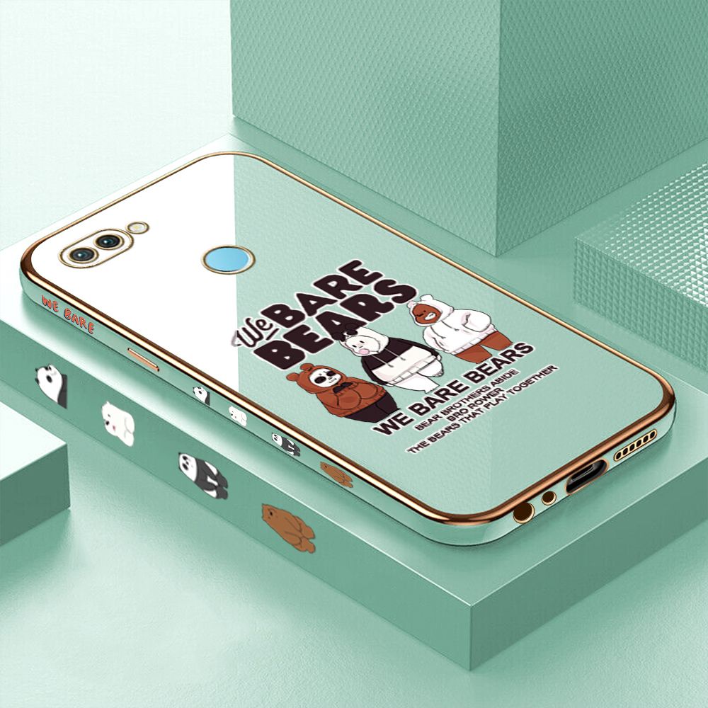 Luxury 6D Plating Case for OPPO F9 Three Little Bears Side Pattern Back Cover Soft Silicone Square Phone Cases + Free Lanyard