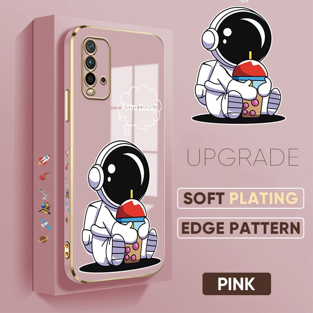 TA for Redmi 9 Power / Redmi 9T Back Cover + Free Lanyard Cute Astronaut Luxury 6D Plating Case Side Pattern Soft Silicone Square Phone Cases