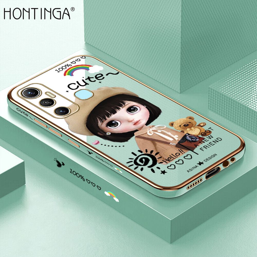 Hontinga for Infinix Hot 11 Back Cover + Free Lanyard Luxury 6D Plating Cartoon Satchel Girl Side Pattern Case Soft Silicone Square Phone Cases