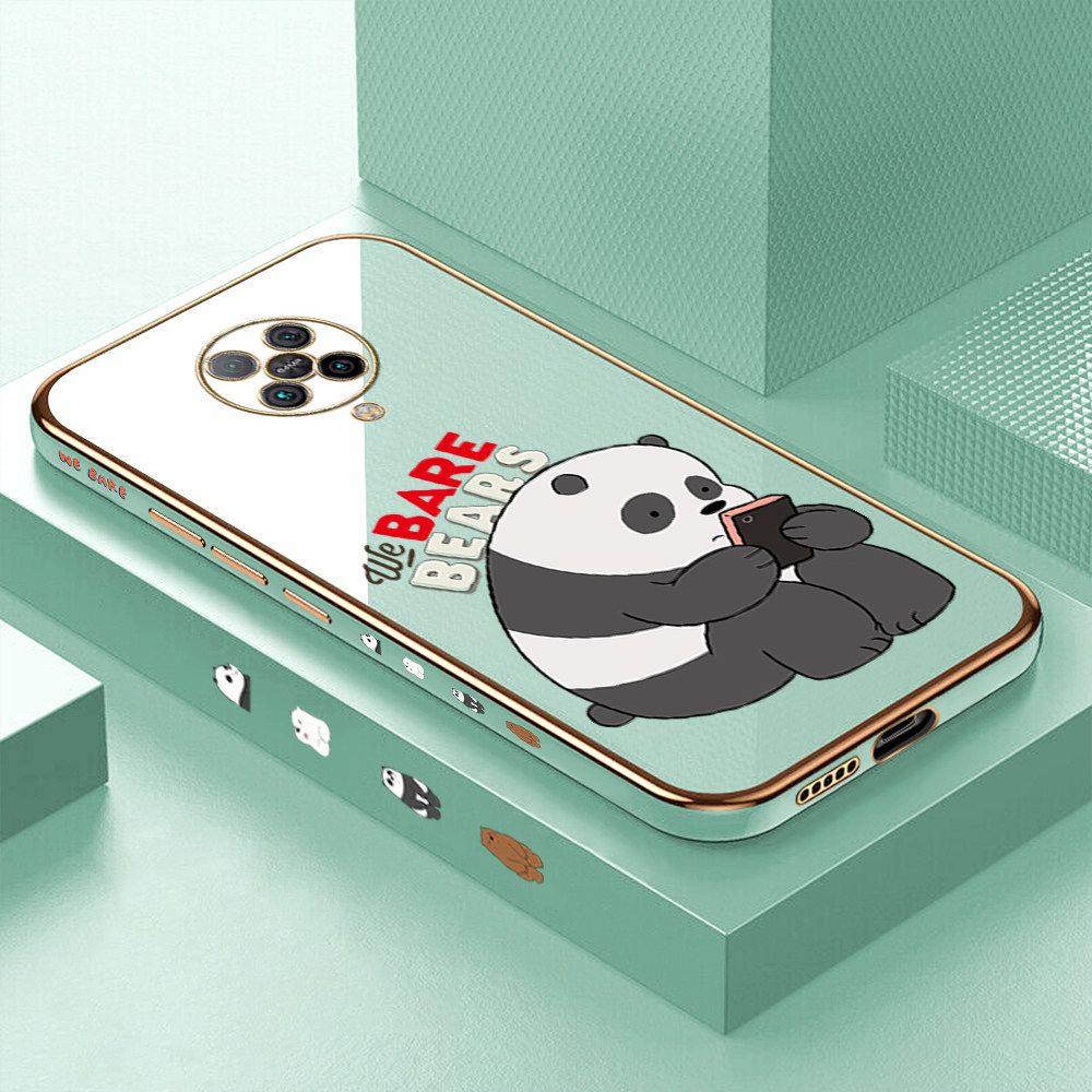 Luxury 6D Plating Case for Xiaomi Poco F2 Pro Cartoon Panda Side Pattern Back Cover Soft Silicone Square Frame Shiny Bling Phone Cases + Free Lanyard