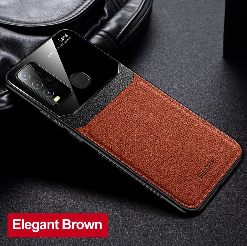 For Vivo Y50 Business Slim Hybrid Leather TPU Bumper Glass Lens Protective Case Cover