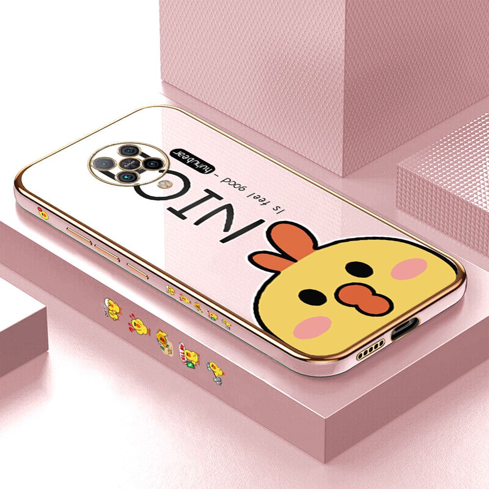 Luxury 6D Plating Case for Xiaomi Poco F2 Pro Cute Cartoon Chicken Side Pattern Back Cover Soft Silicone Square Frame Shiny Bling Phone Cases + Free Lanyard