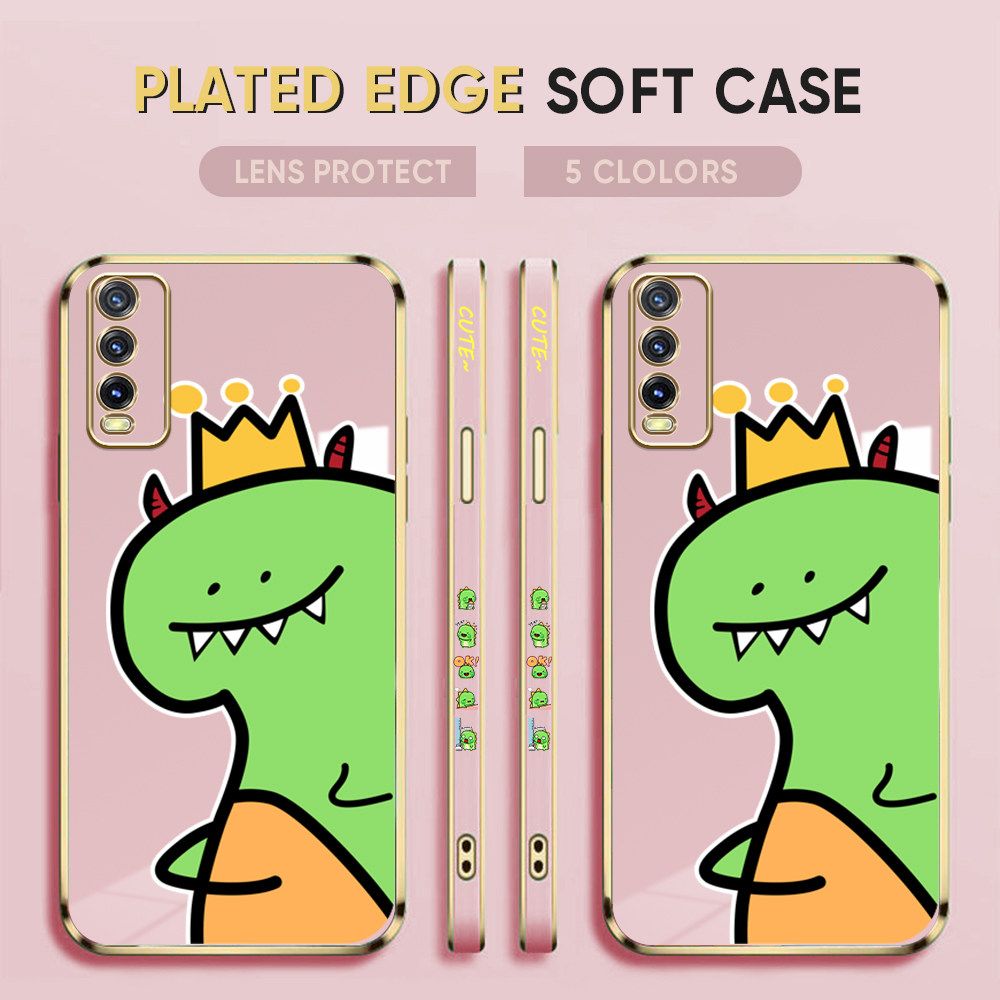 Luxury 6D Plating Case for Vivo Y20i Phone Cases Cute Crown Dinosaur Side Print Soft Silicone Square Back Cover