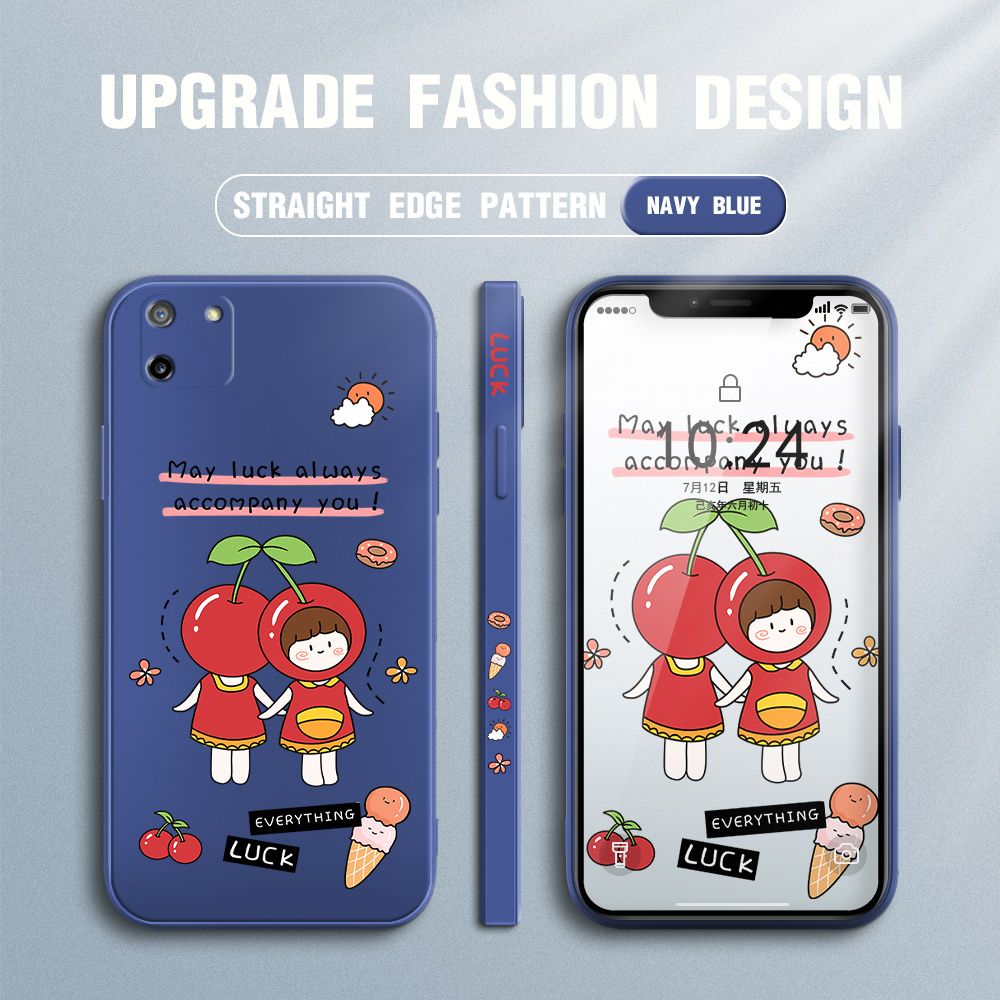 Jizetin for Realme C11 Case Fashion Cherry Girl Design Side Design Phone Case Square Edge Pattern Liquid Silicone Cases Full Cover Camera Shockproof Protective Case
