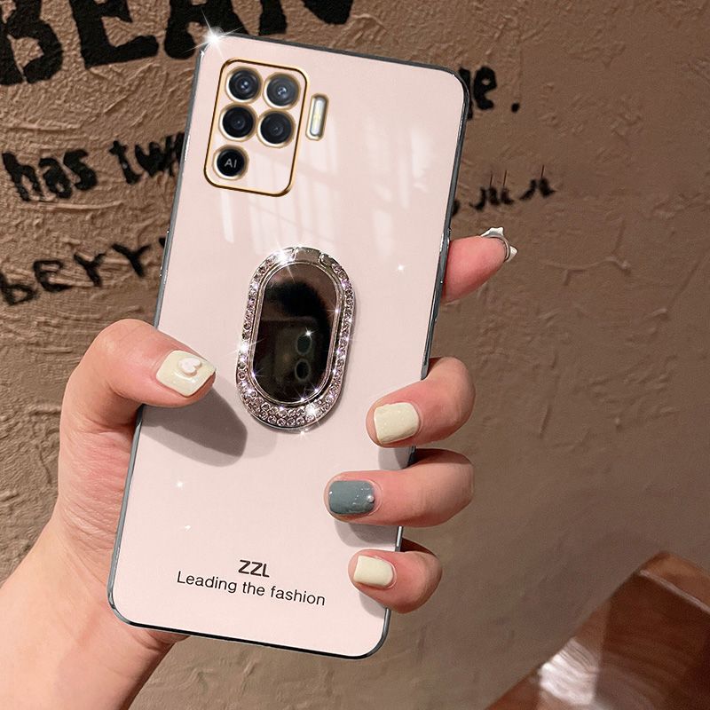 For OPPO F19 Pro Back Cover + Rhinestone Ring Holder Stand Shiny Plating Square Bumper Girls Phone Case Soft TPU Silicone Shockproof Protective Cover
