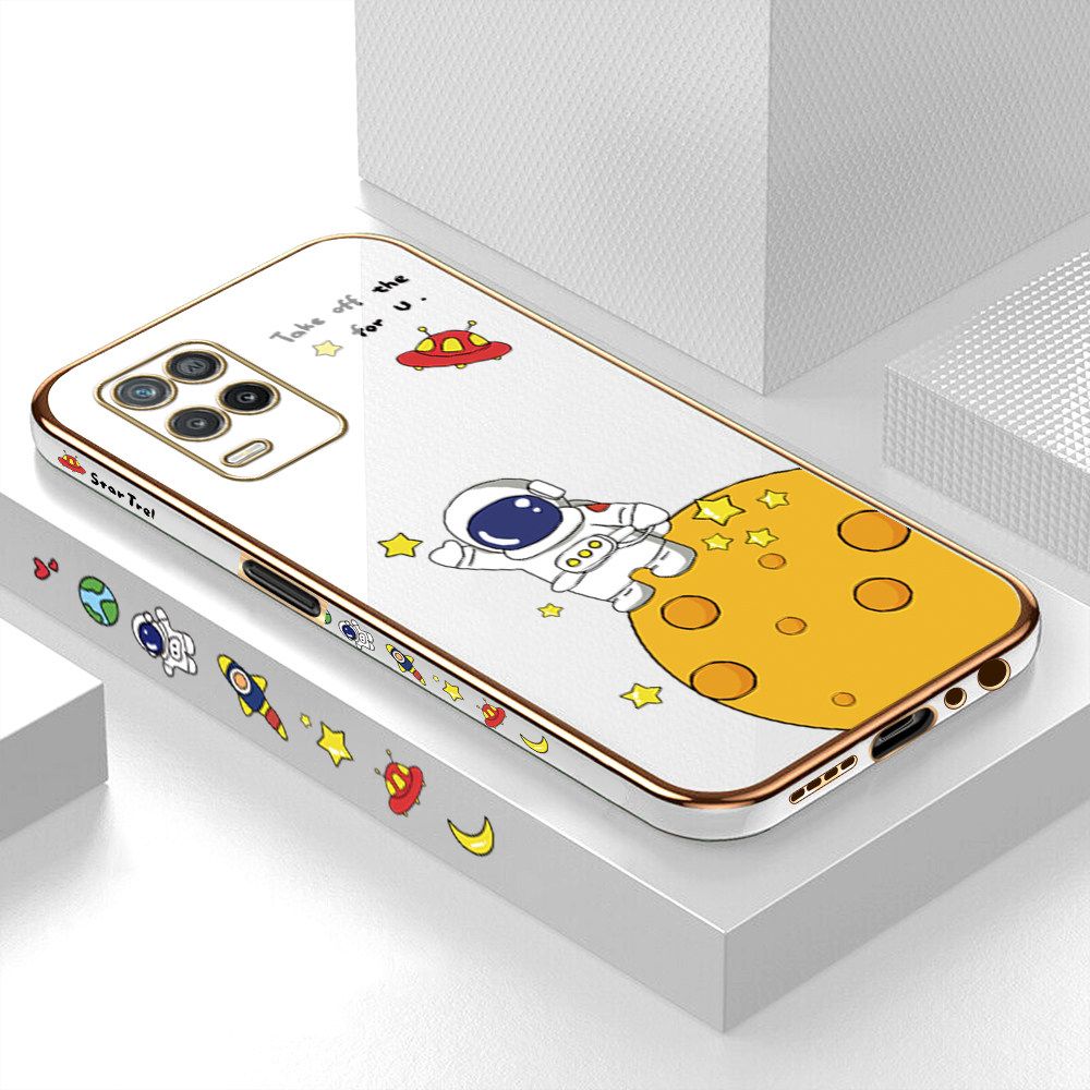 Luxury 6D Plating Case for Realme 8 5G Cute Cartoon Happy Astronaut Side Pattern Back Cover Soft Silicone Square Frame Shiny Bling Phone Cases + Free Lanyard