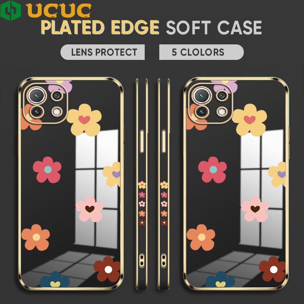 UCUC for Xiaomi Mi 11 Lite 5G / Mi 11 Lite / 11 Lite 5G NE Back Cover + Free Lanyard INS Style Flower Luxury 6D Plating Case Side Pattern Soft Silicone Square Phone Cases