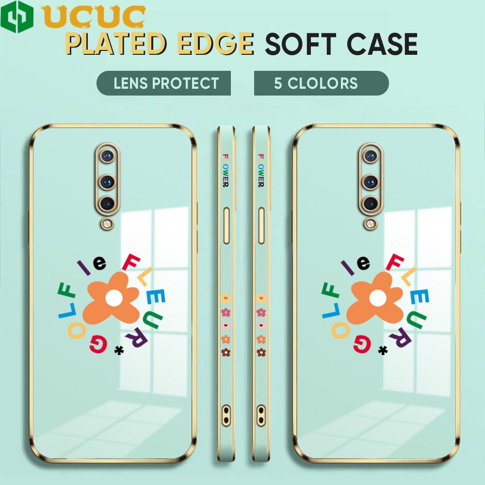 UCUC for OnePlus 8 Back Cover + Free Lanyard Colorful Flower Luxury 6D Plating Case Side Pattern Soft Silicone Square Phone Cases