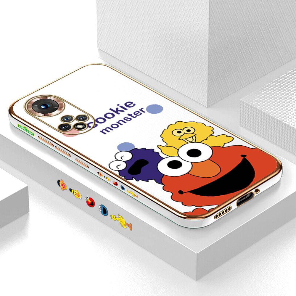 Luxury 6D Plating Case for Honor 50 Color Cute Cartoon Sesame Monsters Side Pattern Back Cover Soft Silicone Square Frame Shiny Bling Phone Cases + Free Lanyard
