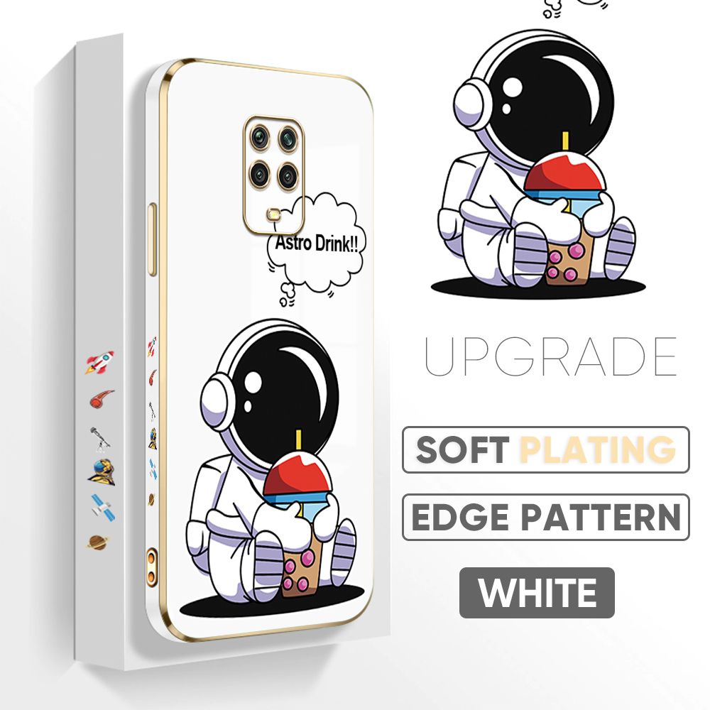 TA for Redmi Note 9S / Note 9 Pro / Note 9 Pro Max / Xiaomi Poco M2 Pro Back Cover + Free Lanyard Cute Astronaut Luxury 6D Plating Case Side Pattern Soft Silicone Square Phone Cases