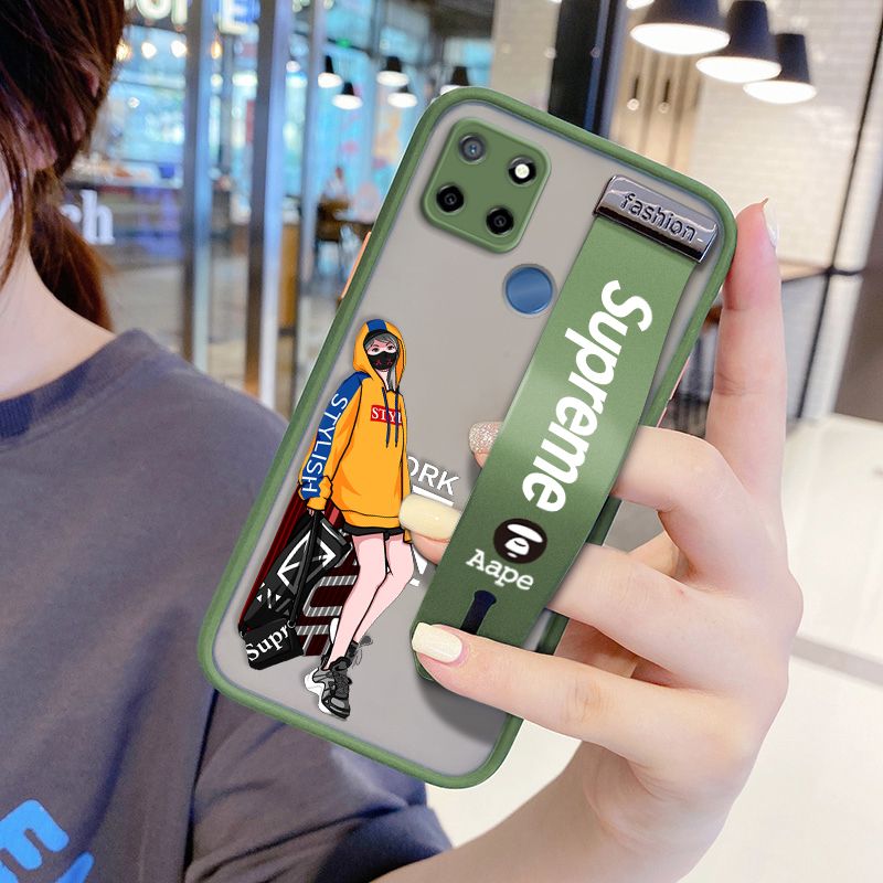 UCUC for Realme Narzo 20 Wrist Strap Case Creative Cartoon Handsome Girl Wristband Printing Cover Shockproof Frosted Phone Case