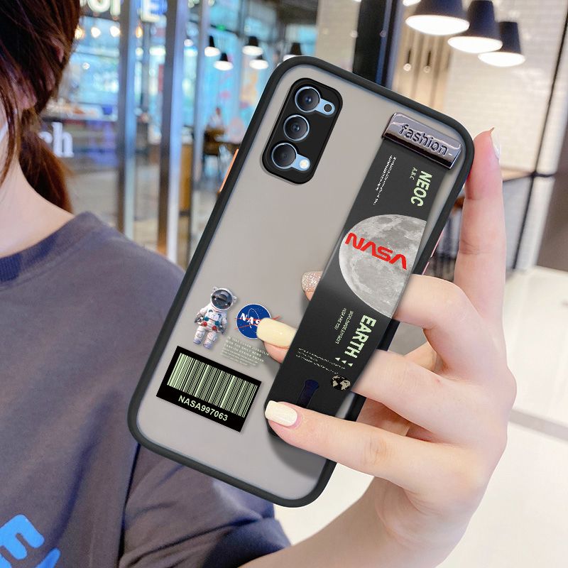 UCUC for OPPO Reno4 Wrist Strap Case Creative Cartoon Astronaut Wristband Printing Cover Shockproof Frosted Phone Case