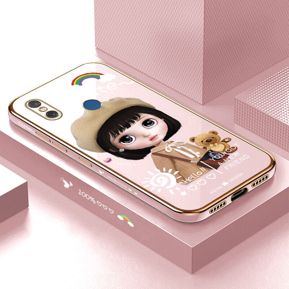 Luxury 6D Plating Soft Casing Silicone Square Frame Phone Case For Xiaomi 8 Case Shiny Bling Back Cover Cute Girl With Shoulder Bag Square Edge Pattern Design Soft Case + Free Lanyard
