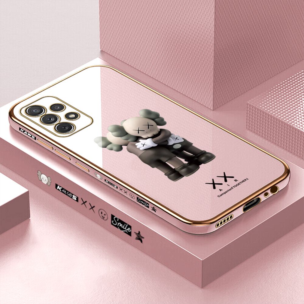 Luxury 6D Plating Case for Samsung A72 5G/4G Cute Cartoon Hugging Bear Side Pattern Back Cover Soft Silicone Square Phone Cases + Free Lanyard