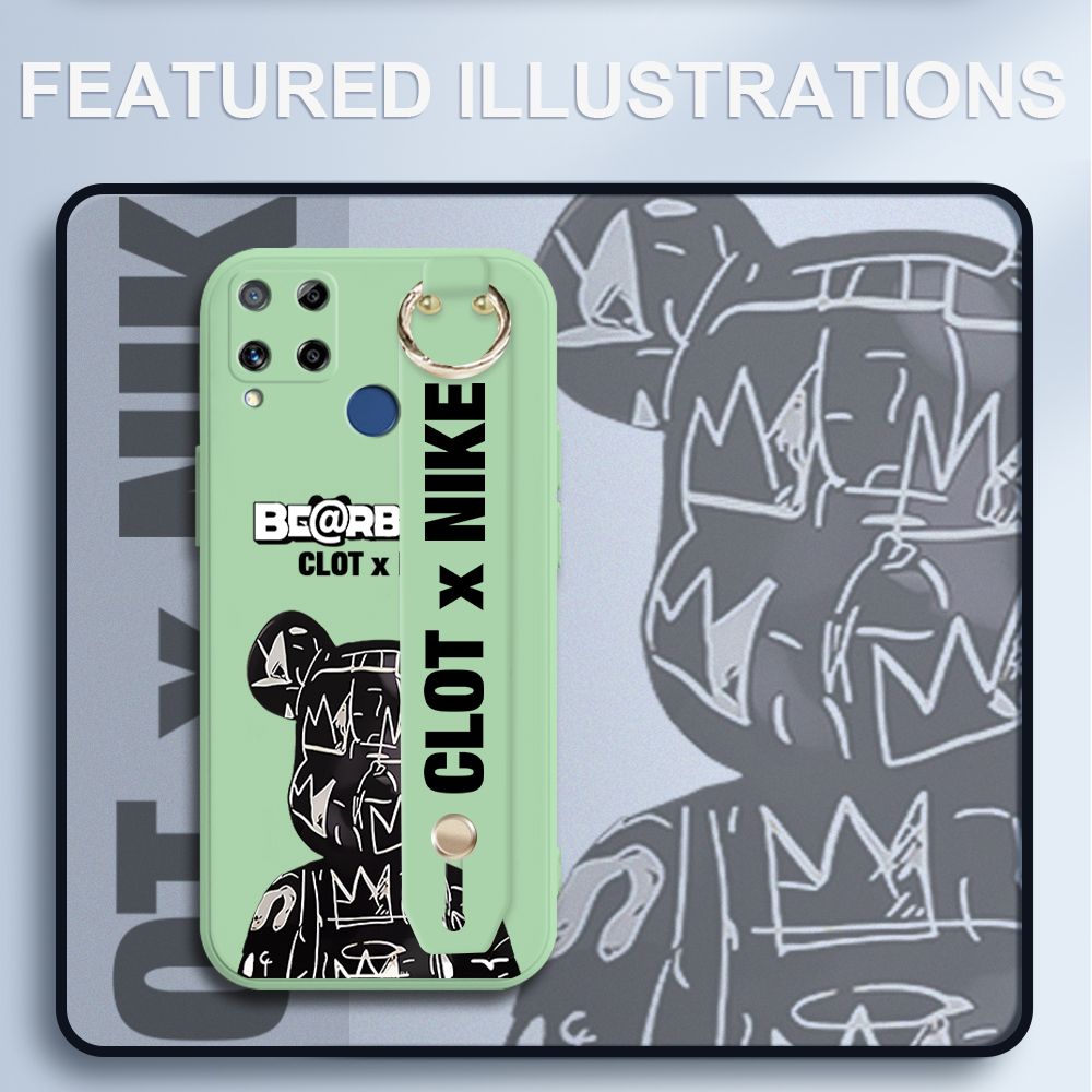 UCUC for Realme C15 Wrist Strap Case Creative Cartoon Black Stitching Bear Cover Ultra Thin Anti Fall Liquid Silicone Phone Case
