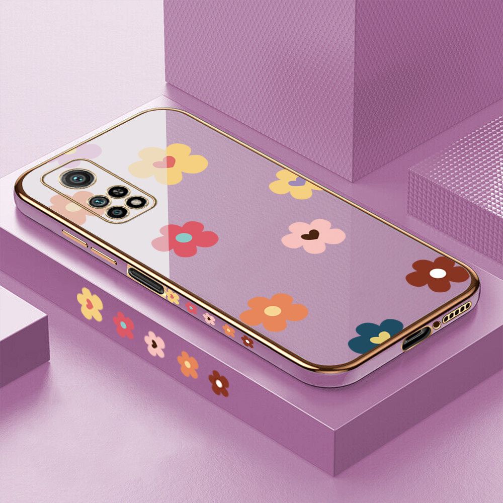 Luxury 6D Plating Case for Xiaomi 10T Color Cartoon Flowers Side Pattern Back Cover Soft Silicone Square Frame Shiny Bling Phone Cases + Free Lanyard