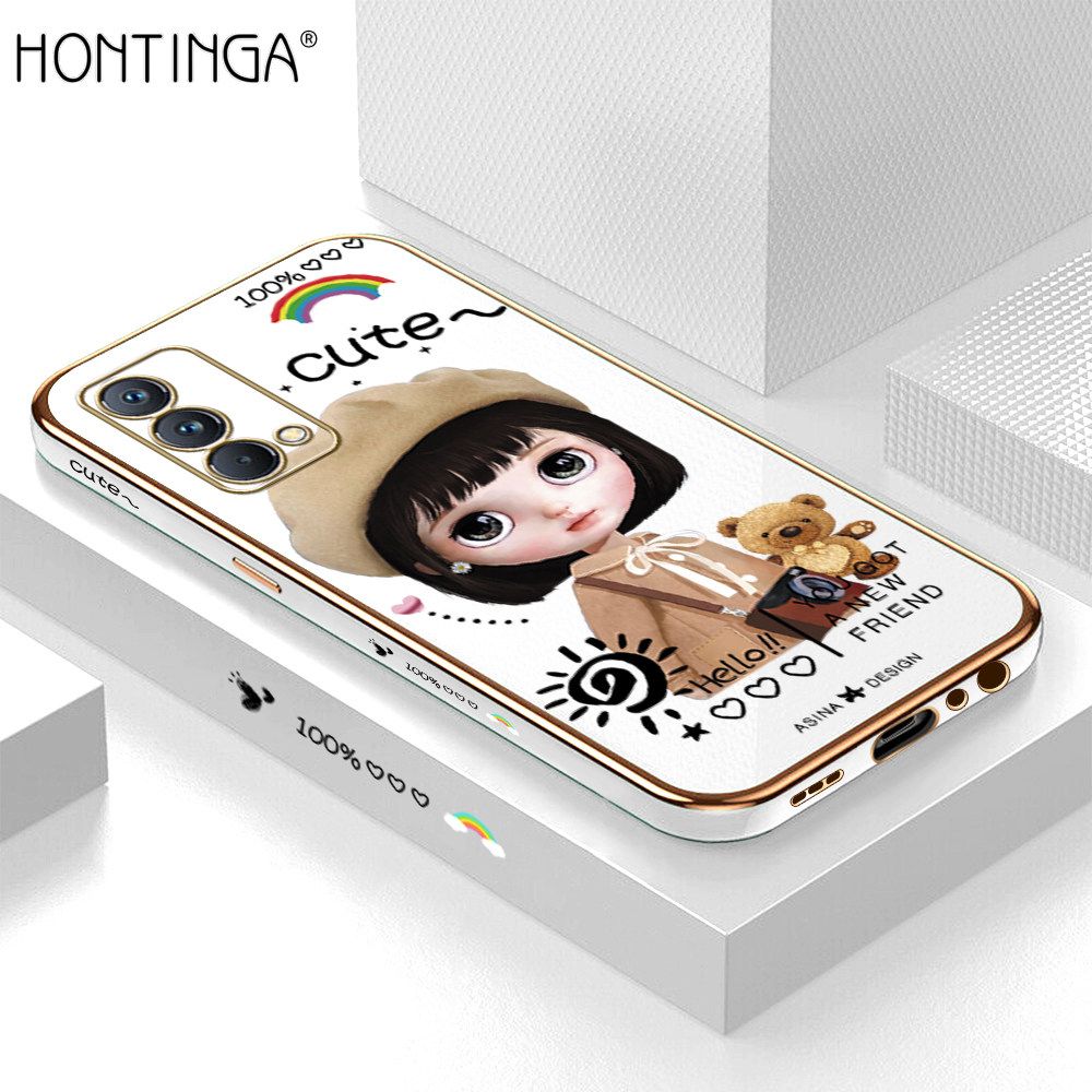 Hontinga for Realme GT Master Back Cover + Free Lanyard Luxury 6D Plating Cute Satchel Girl Side Pattern Case Soft Silicone Square Mobile Cover