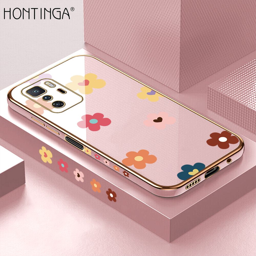 Hontinga for Xiaomi Poco X3 GT Back Cover + Free Lanyard Luxury 6D Plating Falling Flower Side Pattern Case Soft Silicone Square Mobile Cover