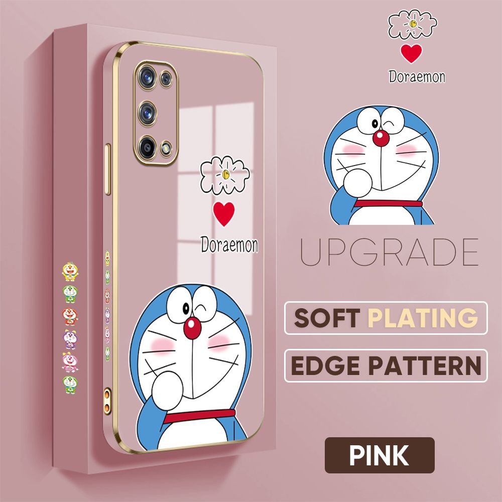 Jizetin (Free Lanyard) Realme X7 Pro Cover Sneak Doraemon Luxury 6D Plating Soft Casing Silicone Square Frame Phone Case Shiny Bling Back Cover