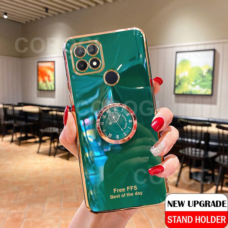 For Realme C25s C25 C12 Cover + Ring Holder Ultra Thin Shiny Plating Bumper Stand Phone Case Soft TPU Silicone Shockproof Protective Back Cover