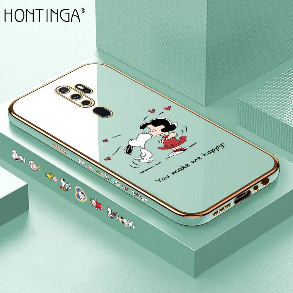Hontinga for OPPO A9 2020 Case Luxury 6D Plating Soft Casing Silicone Square Frame Phone Cases Shiny Bling Side Print Happy Puppy and Girl Phone Cover