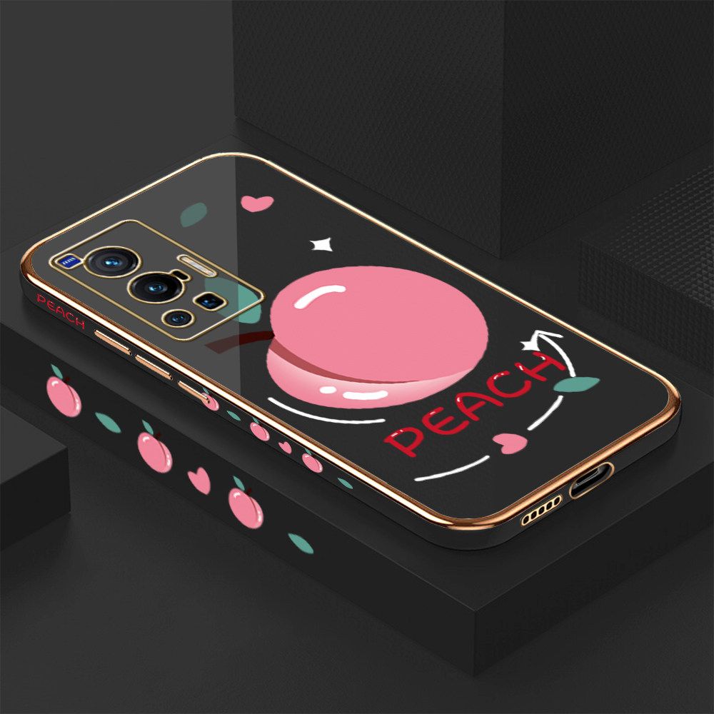 Luxury 6D Plating Case for Vivo X70 Pro 5G Cartoon Simple Peach Side Pattern Back Cover Soft Silicone Square Frame Shiny Bling Phone Cases + Free Lanyard