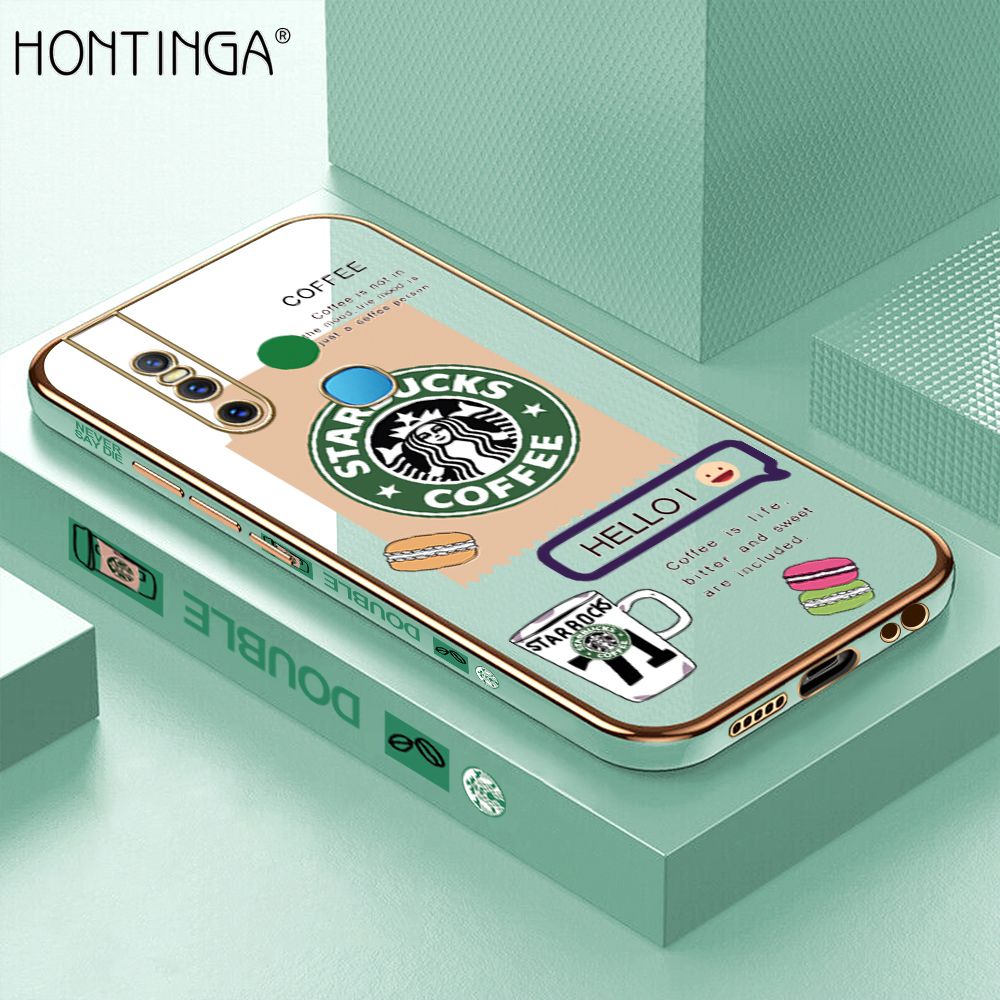 Hontinga for Vivo V15 Back Cover + Free Lanyard Luxury 6D Plating Fashion Coffee Side Pattern Case Soft Silicone Square Phone Cases