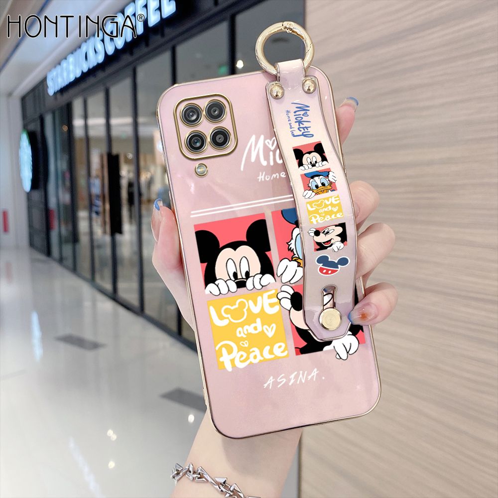 Hontinga for Samsung Galaxy A12 / A12 5G / M12 Back Cover With Wristband Luxury 6D Plating Cartoon Case Soft Silicone Square Phone Cases