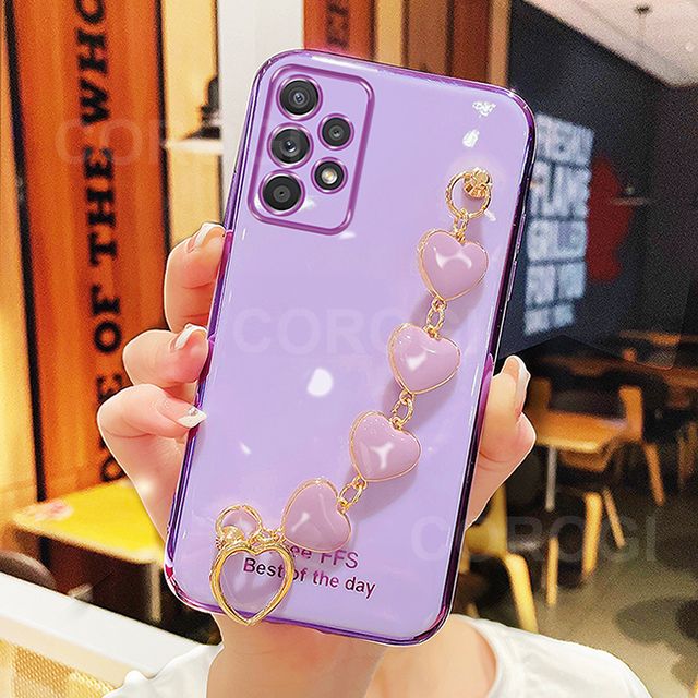 For Samsung Galaxy A13 4G Cover + Love Heart Bracelet Fashion Shiny Wrist Chain Plating Bumper Slim Phone Case Soft TPU Silicone Shockproof Protective Back Cover