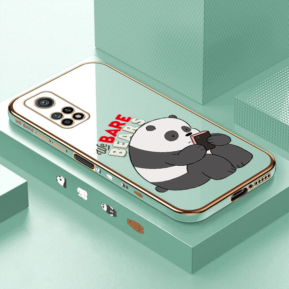 Luxury 6D Plating Case for Xiaomi 10T Cartoon Panda Side Pattern Back Cover Soft Silicone Square Frame Shiny Bling Phone Cases + Free Lanyard