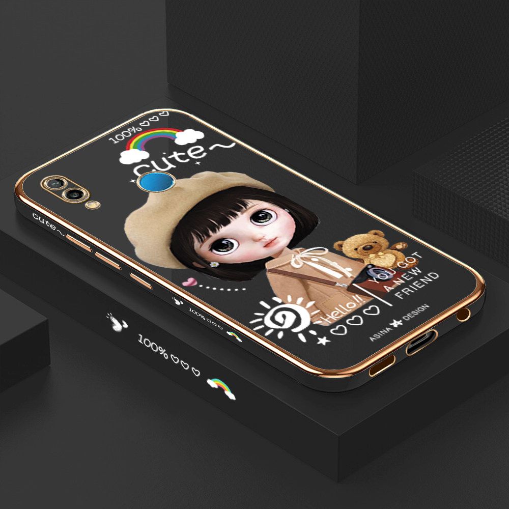 Luxury 6D Plating Soft Casing Silicone Square Frame Phone Case For Huawei Nova 3E Case Shiny Bling Back Cover Cute Girl With Shoulder Bag Square Edge Pattern Design Soft Case + Free Lanyard