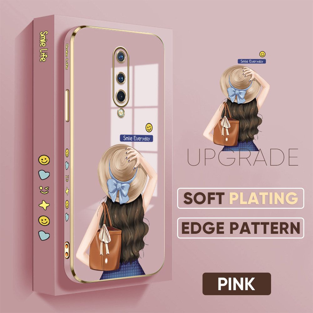 Jizetin (Free Lanyard) OnePlus 8 Back Cover Girl In Hat Luxury 6D Plating Case Side Pattern Soft Silicone Square Mobile Phone Cases
