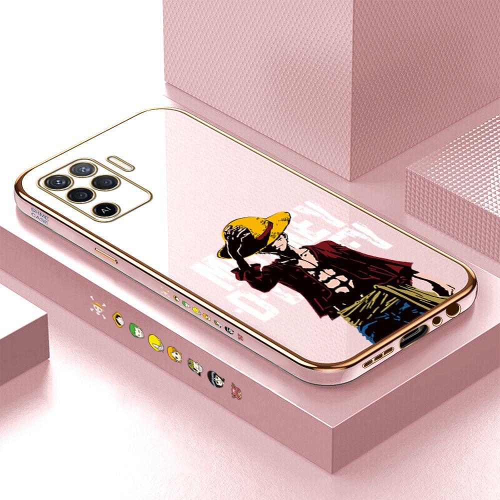 Luxury 6D Plating Case for OPPO Reno5 F Handsome Luffy Side Pattern Back Cover Soft Silicone Square Phone Cases + Free Lanyard