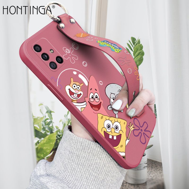 Hontinga for Samsung Galaxy M51 Wrist Strap Case Cute Cute Funny Cartoon Sponge for Square Pants Cover Square Edge Liquid Silicone Anti-drop Phone Case