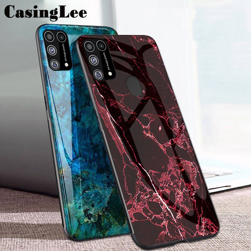 Casinglee For Samsung M31 Case Fashion Marble Tempered Glass Protector Soft Silicone Phone Back cover for Galaxy M31 case cover