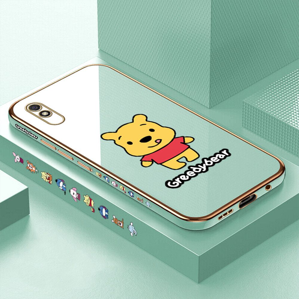 Luxury 6D Plating Case for Redmi 9A Squirming Little Sweet Bear Side Pattern Back Cover Soft Silicone Square Frame Shiny Bling Phone Cases + Free Lanyard