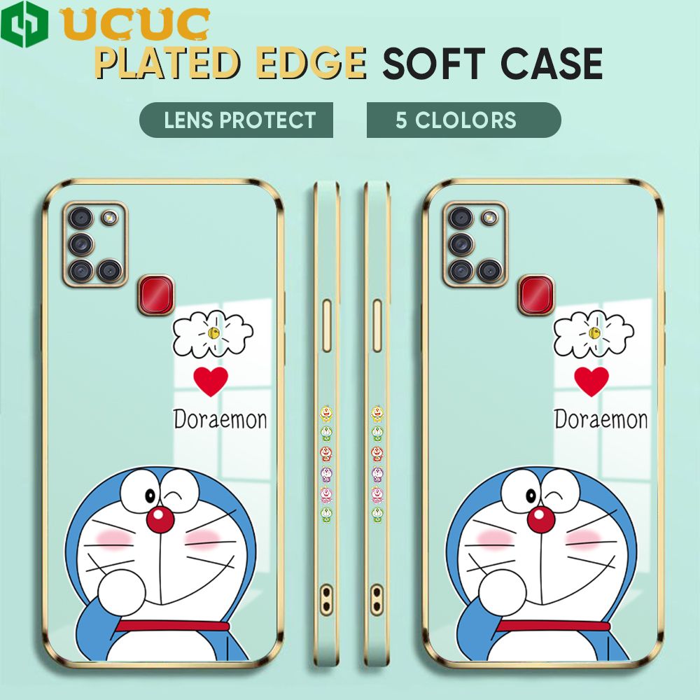 UCUC for Samsung Galaxy A21s Back Cover + Free Lanyard Sneak Doraemon Luxury 6D Plating Case Side Pattern Soft Silicone Square Phone Cases