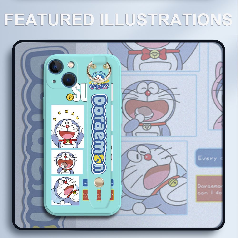 UCUC for iPhone 13 Mini Wrist Strap Case Creative Cartoon Doraemon's Daily Life Cover Ultra Thin Anti Fall Liquid Silicone Phone Case