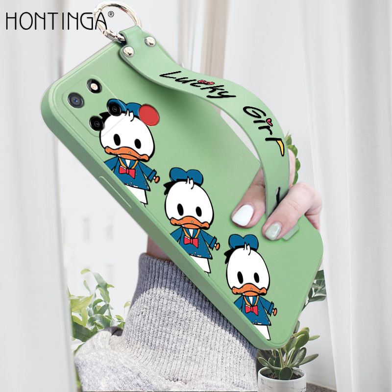 Hontinga for Realme C12 / C25 / C25S / Narzo 20 / Narzo 30A Wrist Strap Case Cute Cartoon Little Duck Phone Case Square Edge Liquid Silicone Case Full Cover Camera Shockproof Protective Cases