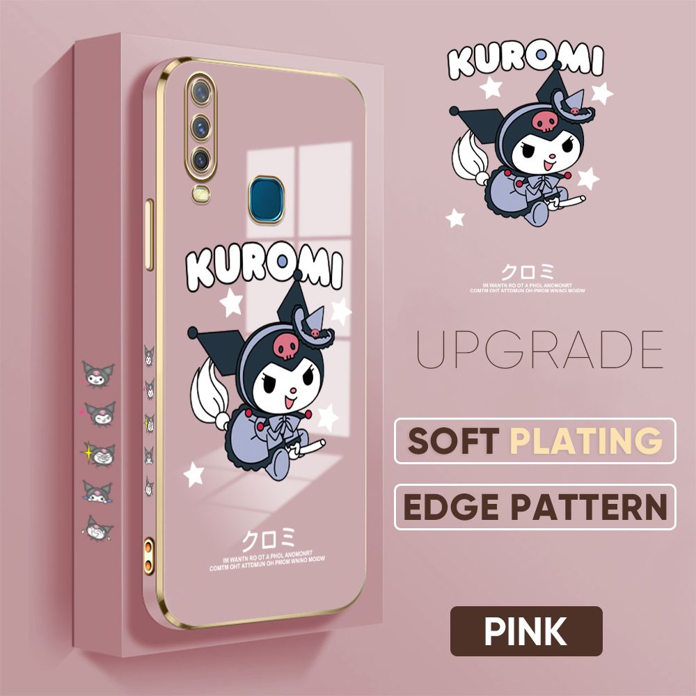 TA for Vivo Y17 Y15 Y12 Back Cover + Free Lanyard Cute Kuromi Luxury 6D Plating Case Side Pattern Soft Silicone Square Phone Cases