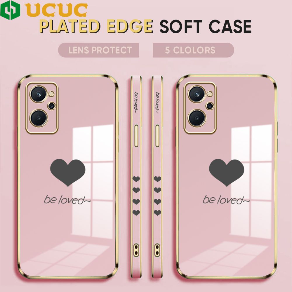 UCUC for OPPO A96 4G / Realme 9I Back Cover + Free Lanyard Lover Heart Luxury 6D Plating Case Side Pattern Soft Silicone Square Phone Cases