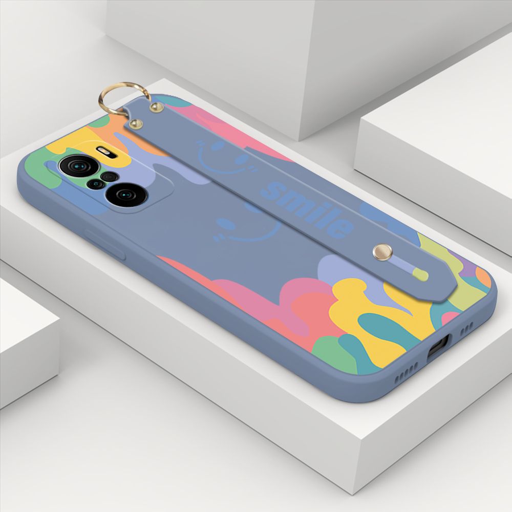 ZeroQiQi for Xiaomi Redmi K40 Pro Wrist Strap Case Soft Candy Color Splash Ink Cover Trend Square Printed Pattern Liquid Silicone Phone Case