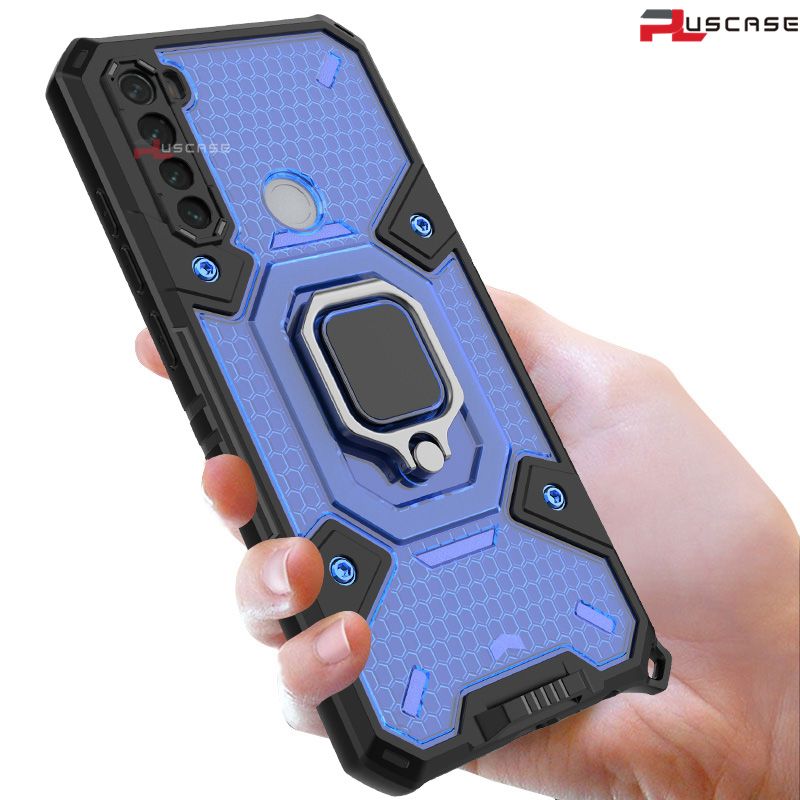 PlusCase for Xiaomi Redmi Note 8 Transparent Back Metal Ring Stand Case Shockproof Armor Cover with Lanyard