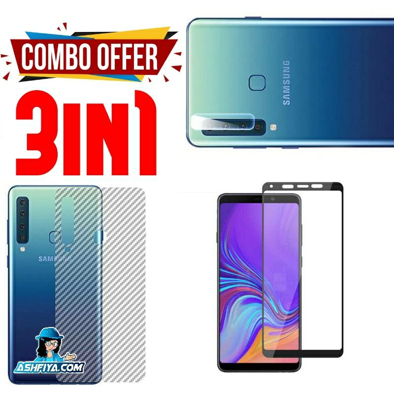 3in1 Combo Pack For Samsung Galaxy A9 2018 Full Coverage Tempered Glass Screen Protector+Camera Lens Protector+Back Protector Film