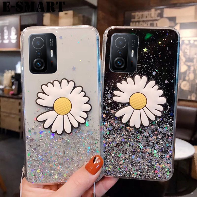 Phone Case Xiaomi 11T / 11T Pro Transparent Bling Glitter Cases Soft Clear Shining Sequin Back Cover with Daisy Flowers Folding Xiaomi 11T / 11T Pro Case