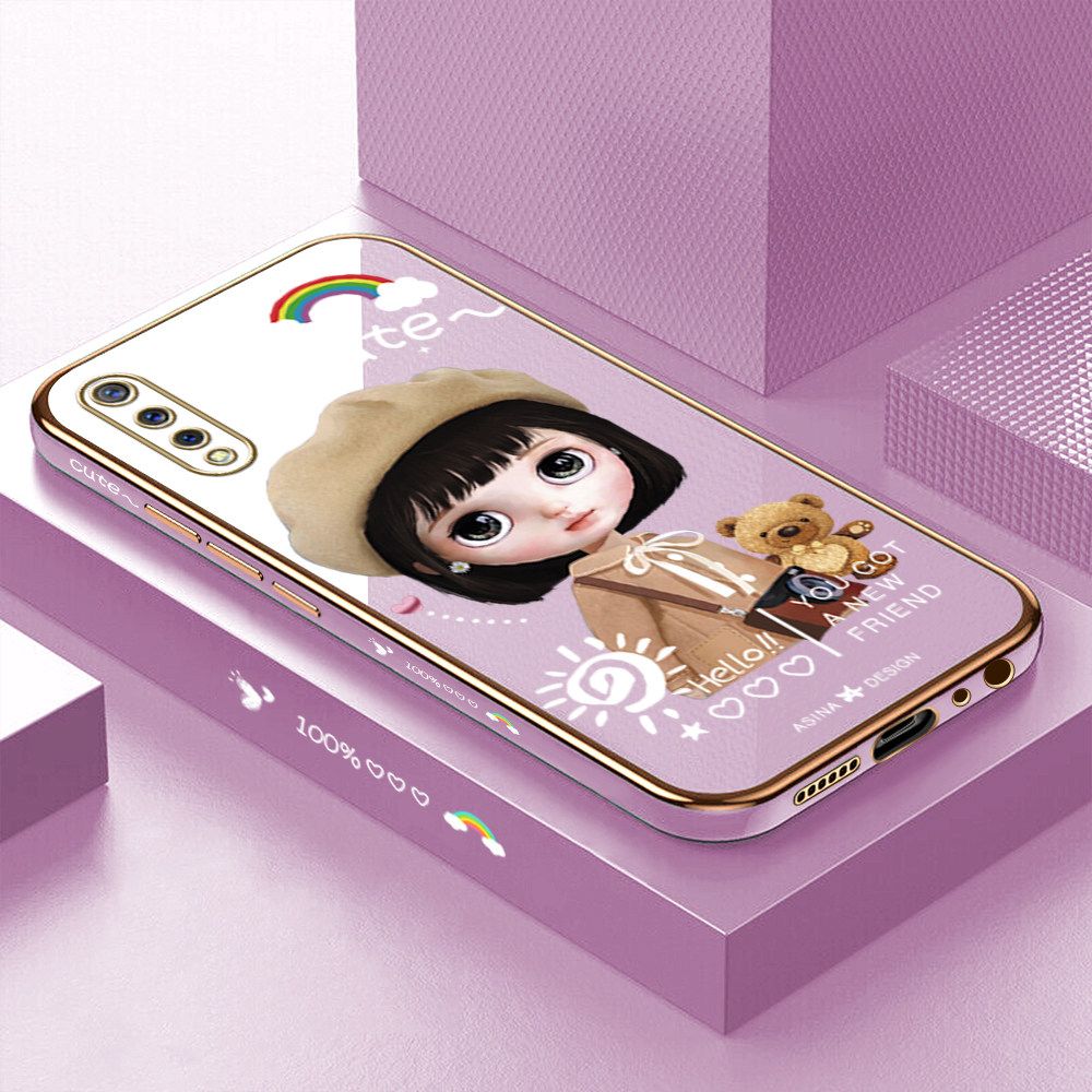 Luxury 6D Plating Soft Casing Silicone Square Frame Phone Case For Vivo S1 Case Shiny Bling Back Cover Cute Girl With Shoulder Bag Square Edge Pattern Design Soft Case + Free Lanyard
