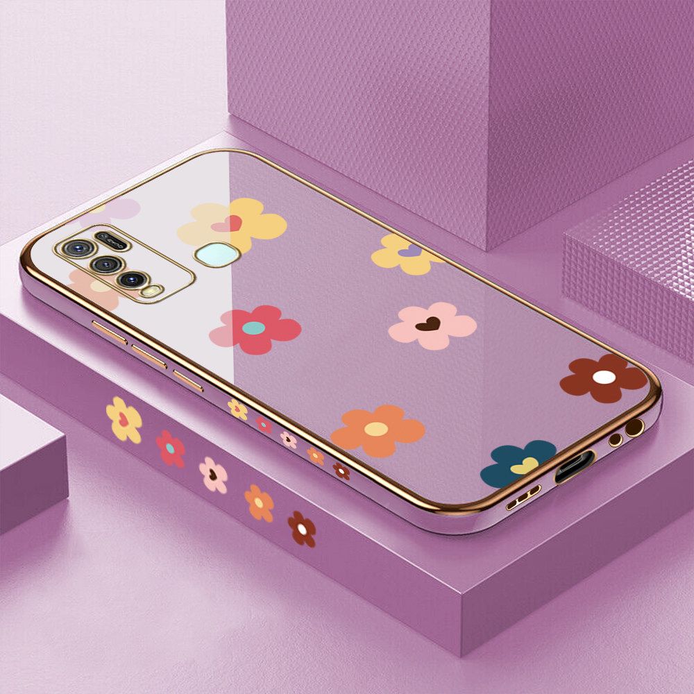 Luxury 6D Plating Case for Vivo Y30i Color Cartoon Flowers Side Pattern Back Cover Soft Silicone Square Frame Shiny Bling Phone Cases + Free Lanyard