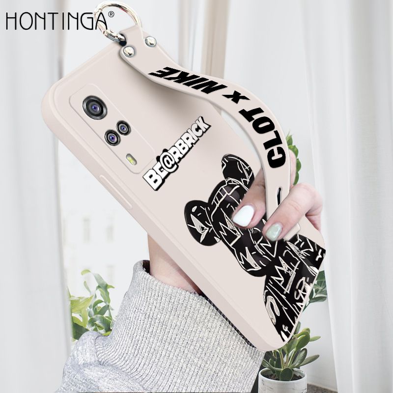 Hontinga for Vivo Y31 2021 / Y51A 2021 / Y53S 4G / Y51 2020 Wrist Strap Case Fashion Cool Bear Cover Trend Square Printed Pattern Liquid Silicone Phone Case