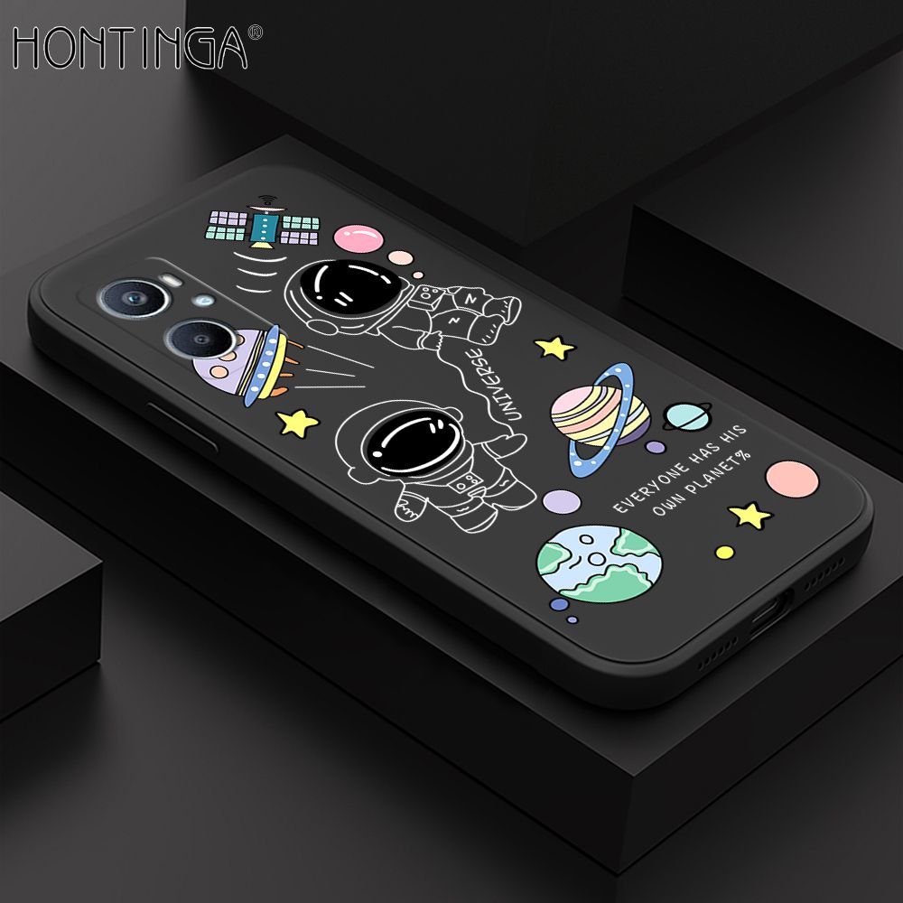 Hontinga for OPPO A96 4G / Realme 9i Back Cover Earth Planet Astronaut Cases Square Edge Liquid Silicone Phone Case
